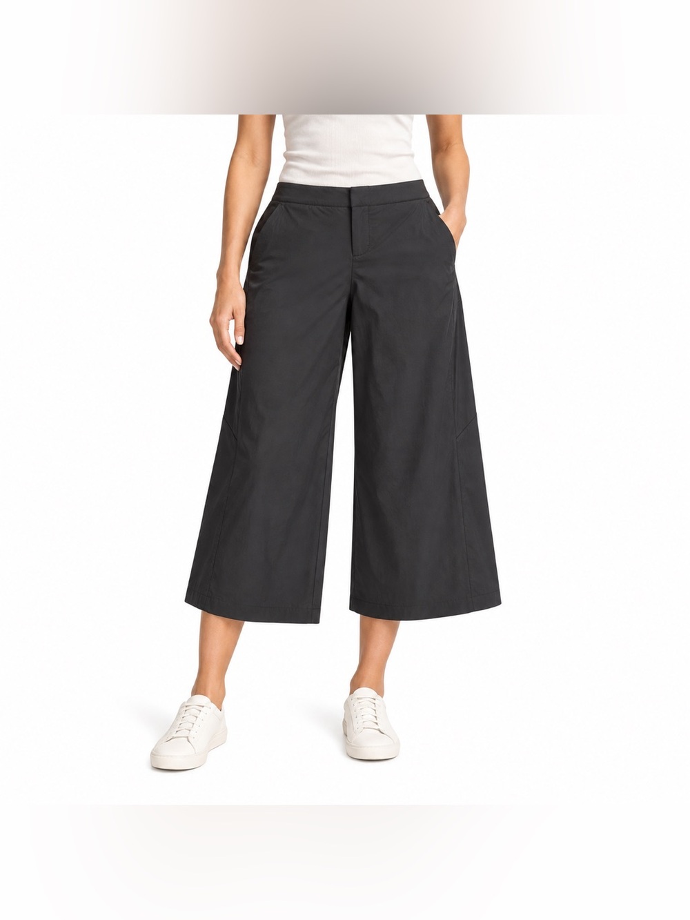 Athleta Black Wide Leg Cropped Pants 10P Petite Stretch Travel Trousers